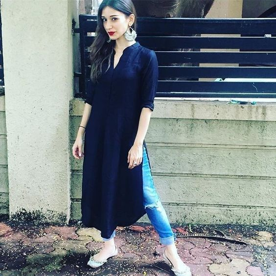 how to style black kurti with jeans