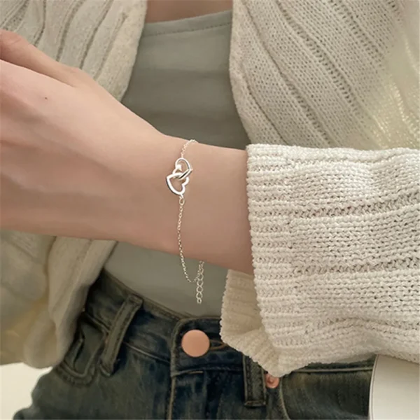 New Interlocking Double Heart Bracelet for Women's Birthday Wedding Party Gift Bangle Silver Alloy Fashion Jewelry Accessories